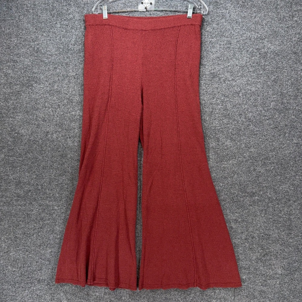 Free People FP Beach Knit Flare Pants Women Medium Red Wide Leg Seam Detail Boho